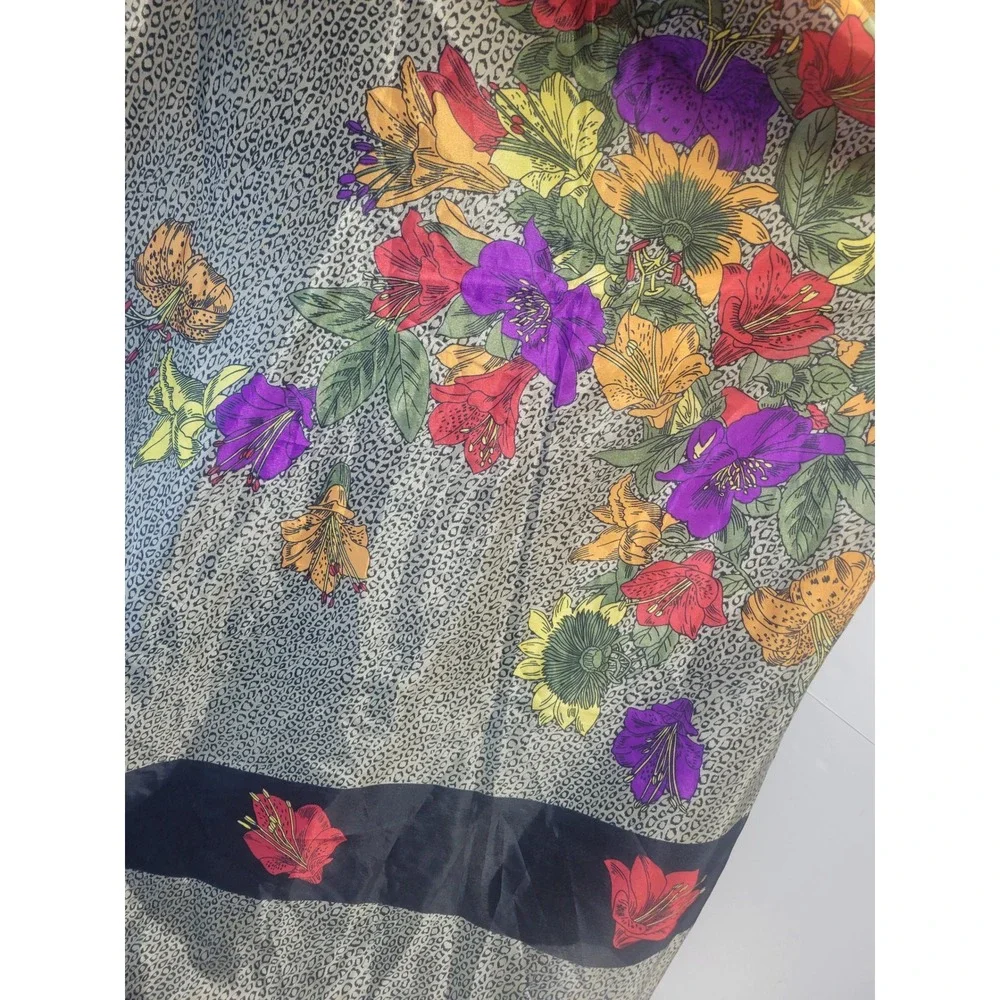 Vtg Style Leopard‎ and Floral Print Square Scarf Black trim 35x44